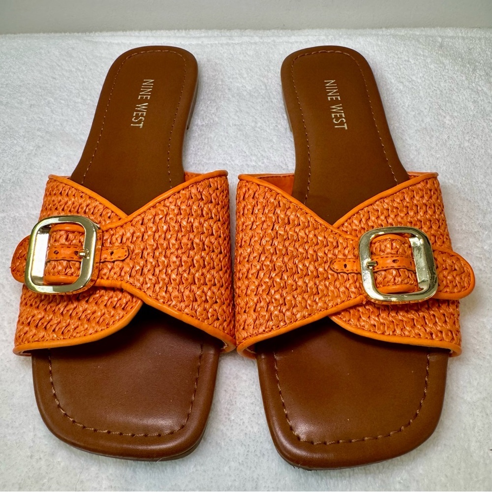 Nine West Orange Braided Slide Sandals‎ Flat Metal Buckle Detail Womens Size 8